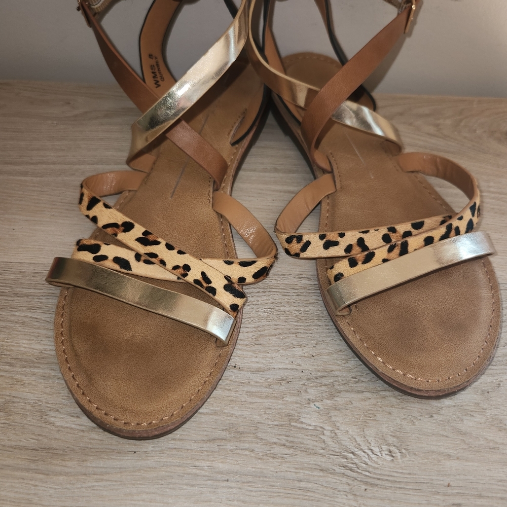 Report Quinbly Leopard Haircalf Gold Metallic Strappy Gladiator Sandals Womens 8